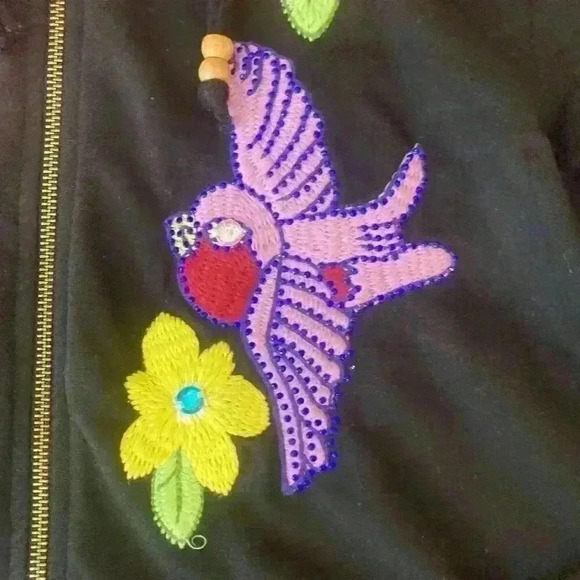 Embroidered Birds Floral Artisanal  Zip Up Hoodie size Medium - Picture 3 of 14